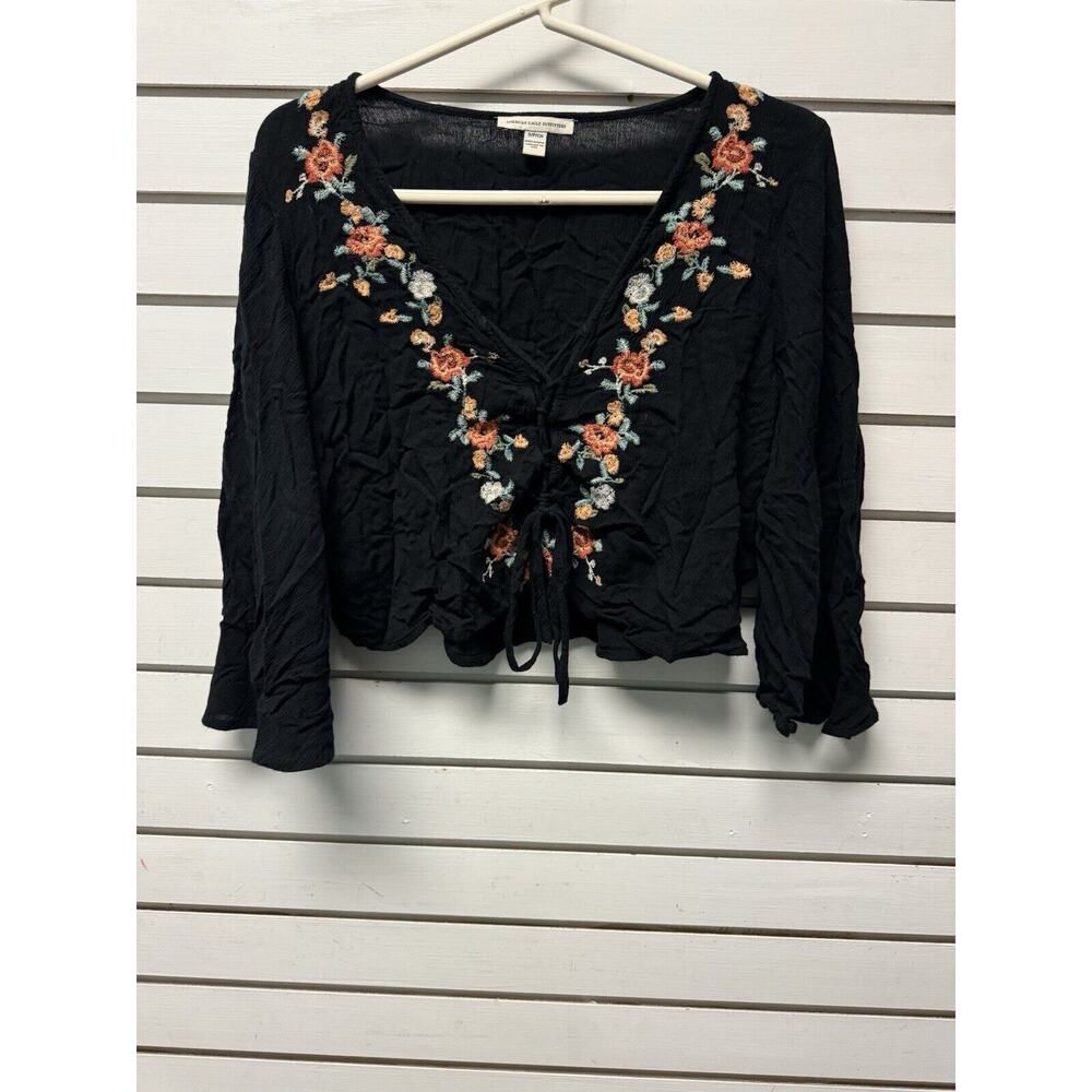 American Eagle Top Womens S Bell Sleeve Floral Embroidered Crop Dark Fairy